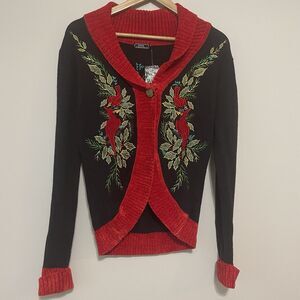 NWT Cardinal Cardigan Sweater Small Chenille Trim Black Red